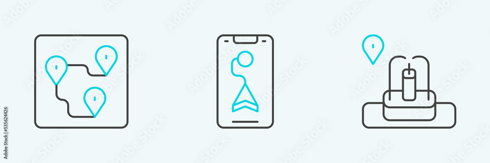 Set line Location with fountain, Route location and City map navigation icon. Vector Set line Location with fountain, Route location and City map navigation icon. Vector