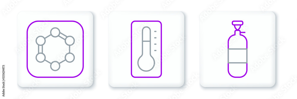Set line Propane gas tank, Formula of benzene rings and Medical thermometer icon. Vector Set line Propane gas tank, Formula of benzene rings and Medical thermometer icon. Vector