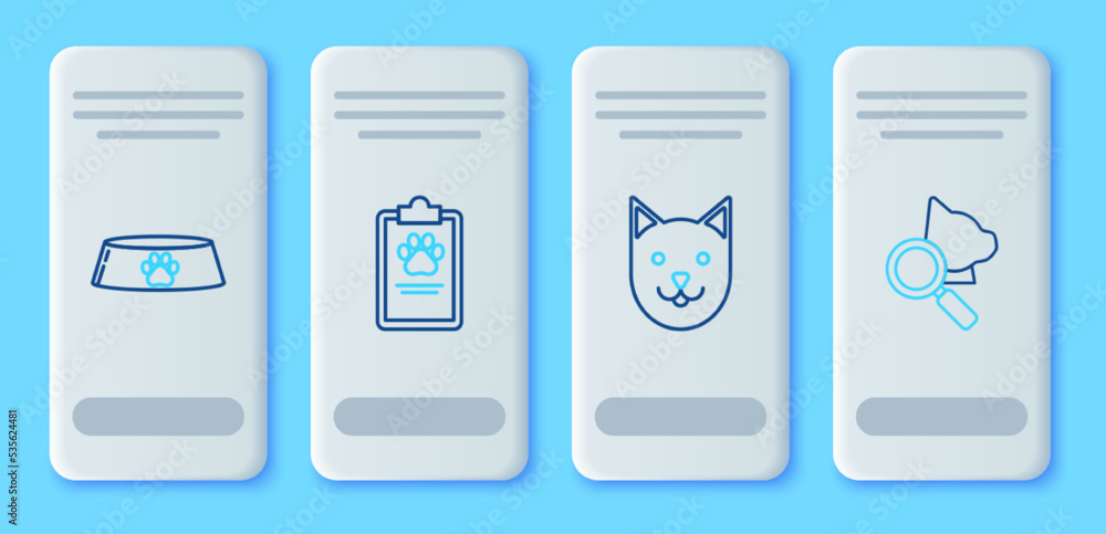 Set line Clipboard with medical clinical record pet, Cat, Pet food bowl for cat dog and Veterinary symbol icon. Vector Set line Clipboard with medical clinical record pet, Cat, Pet food bowl for cat dog and Veterinary symbol icon. Vector
