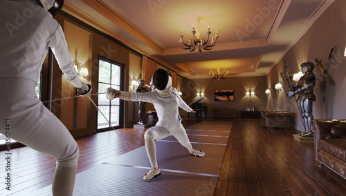 Two female fencing athletes fight in old fencing hall