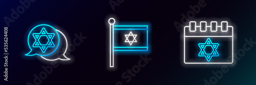 Set line Jewish calendar, Star of David and Flag Israel icon. Glowing neon. Vector