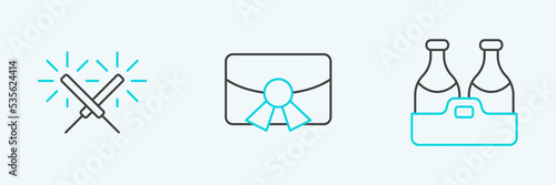 Set line Champagne bottle, Sparkler firework and Christmas postcard icon. Vector