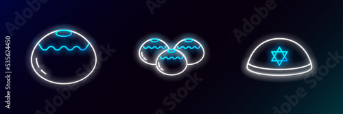 Set line Jewish kippah, sweet bakery and icon. Glowing neon. Vector