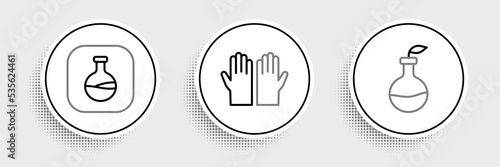 Set line Plant breeding, Test tube and flask and Medical rubber gloves icon. Vector