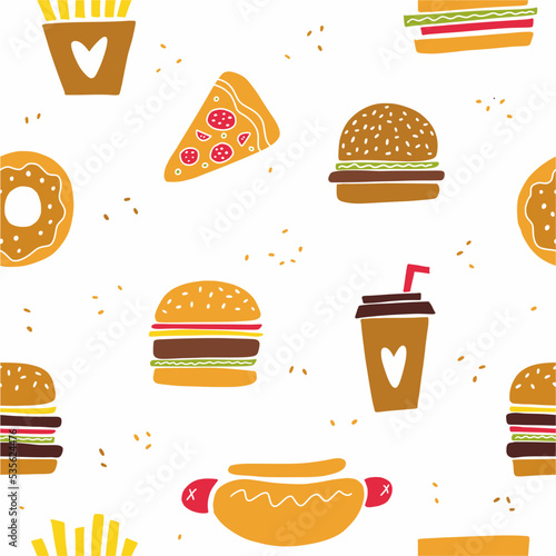 Vector pattern of fast food. Hamburger, pizza, coffee and other fast food drawn in a doodle style.	
