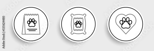 Set line Heart with animals footprint, Bag of food for dog and icon. Vector