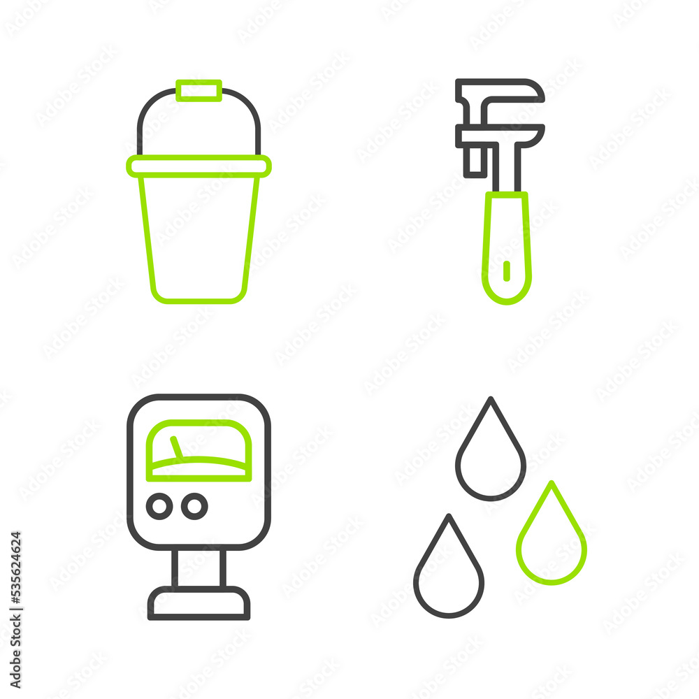 Set line Water drop, Pressure water meter, Pipe adjustable wrench and Bucket icon. Vector Set line Water drop, Pressure water meter, Pipe adjustable wrench and Bucket icon. Vector