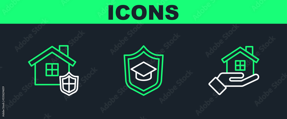 Set line House in hand, with shield and Graduation cap icon. Vector Set line House in hand, with shield and Graduation cap icon. Vector