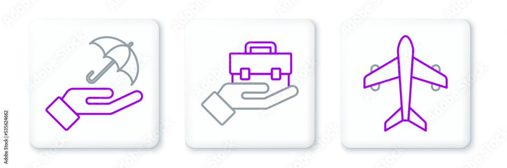 Set line Plane, Umbrella in hand and Hand holding briefcase icon. Vector Set line Plane, Umbrella in hand and Hand holding briefcase icon. Vector