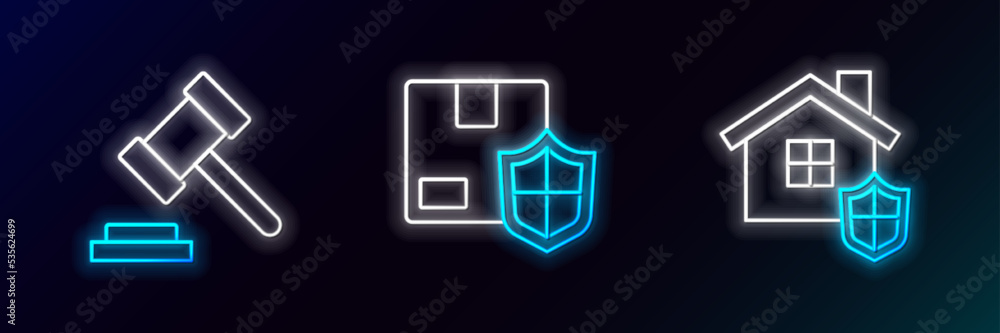 Set line House with shield, Judge gavel and Delivery security icon. Glowing neon. Vector Set line House with shield, Judge gavel and Delivery security icon. Glowing neon. Vector