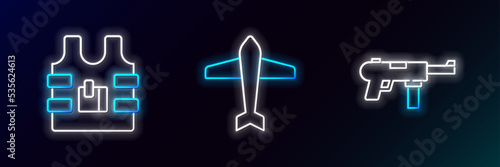 Set line Submachine gun M3, Bulletproof vest and Jet fighter icon. Glowing neon. Vector