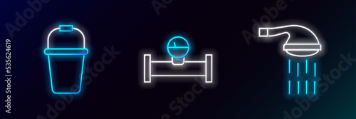 Set line Shower, Bucket and Industry pipe and manometer icon. Glowing neon. Vector