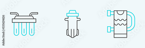 Set line Heated towel rail, Water filter and icon. Vector