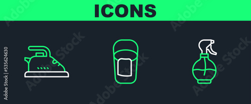 Set line Water spray bottle, Electric iron and Bucket with rag icon. Vector