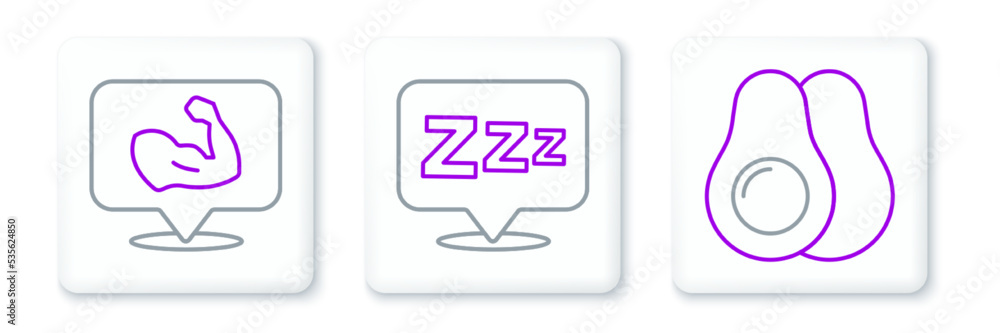 Set line Avocado fruit, Bodybuilder muscle and Sleepy icon. Vector Set line Avocado fruit, Bodybuilder muscle and Sleepy icon. Vector