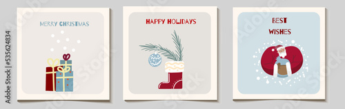 Set of Christmas vector gift square cards or tag set, santa with sack, gifts in boxes, shoe, boot with fir branches and decorations, best wishes and merry christmas.