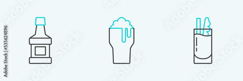 Set line Cocktail Bloody Mary, Whiskey bottle and Glass of beer icon. Vector