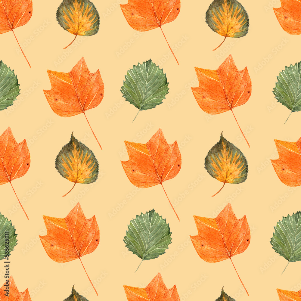 Watercolor seamless hand drawn pattern with dry autumn leaves of tulip tree and linden tree