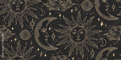 Seamless pattern with magical elements. Set of linear vector illustrations. Celestial illustrations depicting the sun, moon, planet, clouds. design elements for decoration in a modern style. 