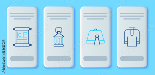 Set line Ramadan Kareem lantern, Turkish hat, Holy book of Koran and Shirt kurta icon. Vector