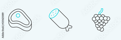 Set line Grape fruit, Steak meat and Salami sausage icon. Vector