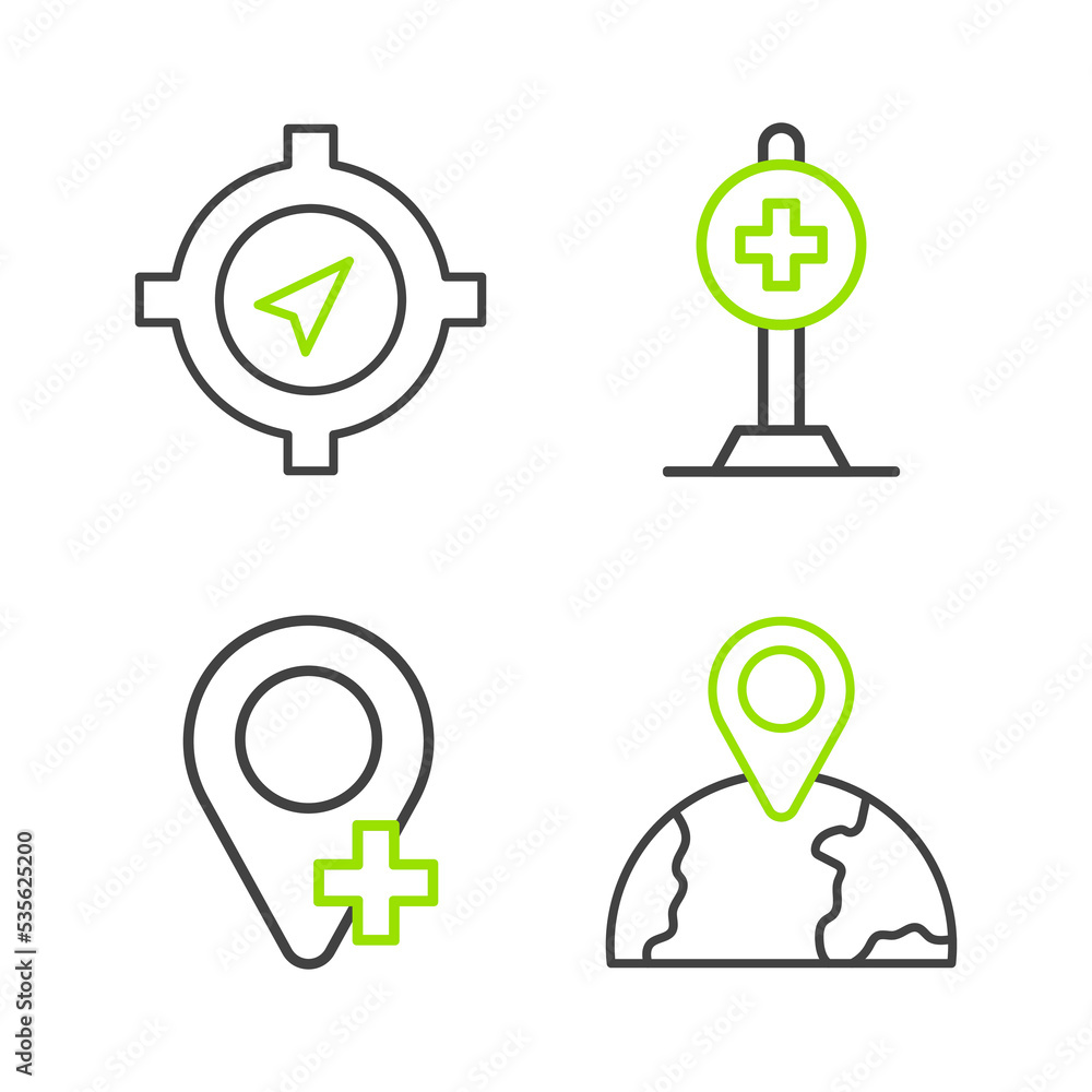 Set line Location on the globe, with cross hospital and Compass icon. Vector Set line Location on the globe, with cross hospital and Compass icon. Vector