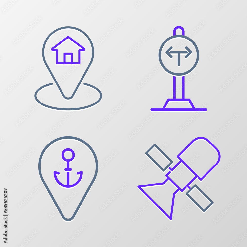 Set line Satellite, Location with anchor, Fork in the road and house icon. Vector Set line Satellite, Location with anchor, Fork in the road and house icon. Vector