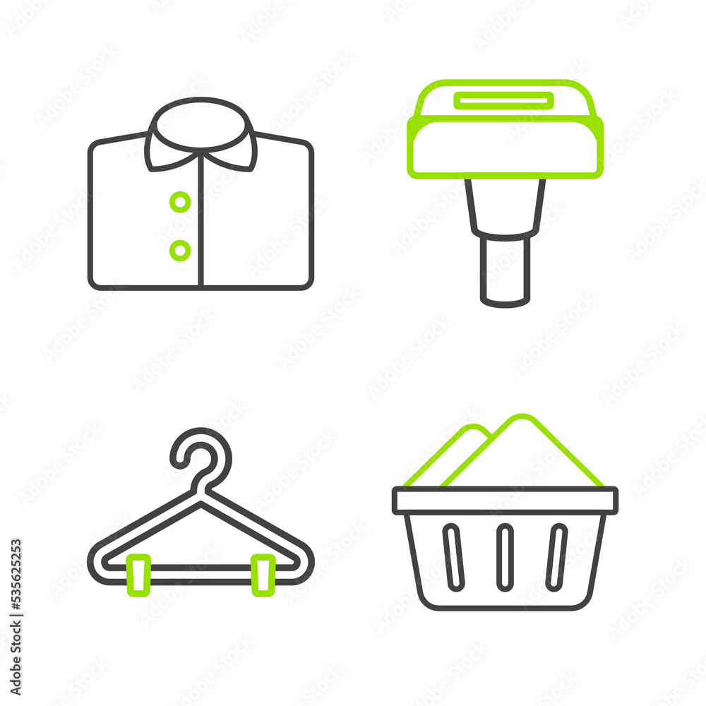 Set line Basin with soap suds, Hanger wardrobe, Garment steamer and T-shirt icon. Vector Set line Basin with soap suds, Hanger wardrobe, Garment steamer and T-shirt icon. Vector