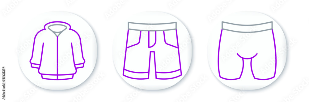 Set line Cycling shorts, Hoodie and Short pants icon. Vector Set line Cycling shorts, Hoodie and Short pants icon. Vector