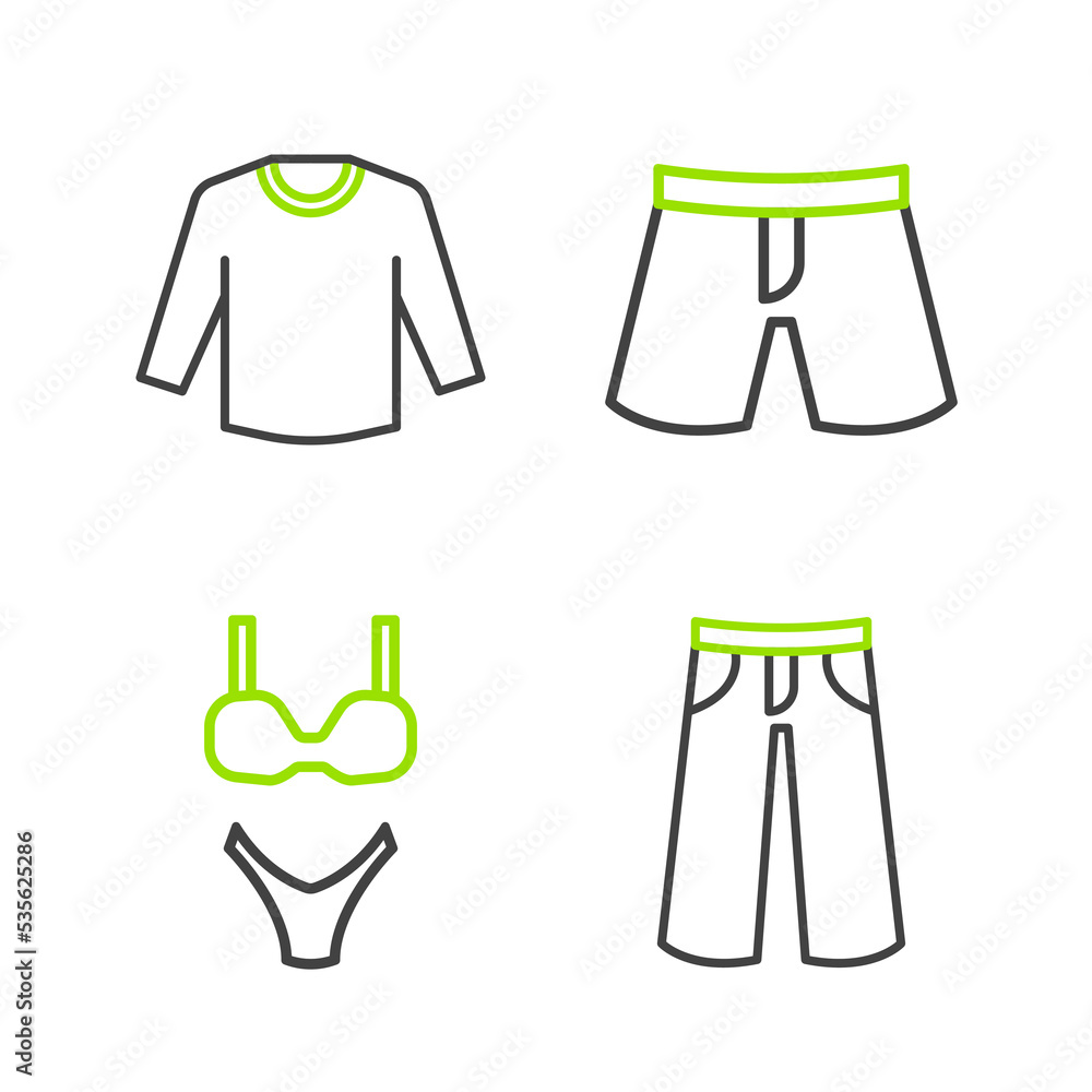 Set line Pants, Swimsuit, Short or pants and Sweater icon. Vector Set line Pants, Swimsuit, Short or pants and Sweater icon. Vector