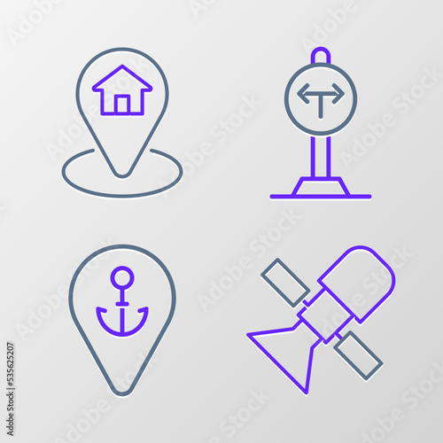 Set line Satellite, Location with anchor, Fork in the road and house icon. Vector