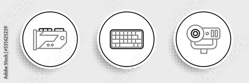 Set line Web camera, Video graphic card and Keyboard icon. Vector