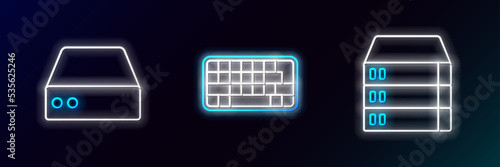 Set line Server, Data, Web Hosting, and Keyboard icon. Glowing neon. Vector