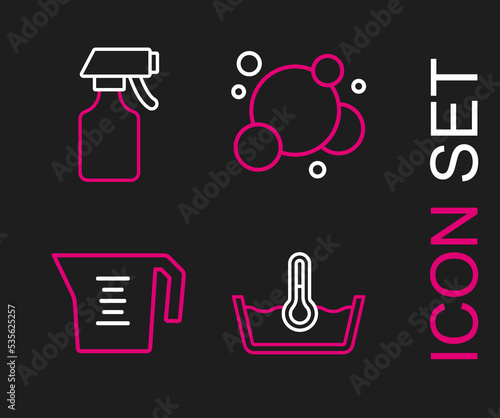Set line Temperature wash  Measuring cup  Soap water bubbles and Water spray bottle icon. Vector