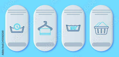 Set line Towel on hanger, Temperature wash, Time and Basin with soap suds icon. Vector