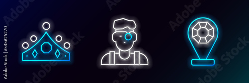 Set line Jewelry store, King crown and Jeweler man icon. Glowing neon. Vector