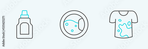 Set line Dirty t-shirt, Bottle for cleaning agent and Washer icon. Vector