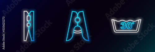 Set line Temperature wash, Clothes pin and icon. Glowing neon. Vector