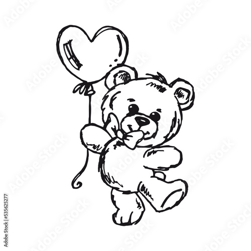 Teddy bear with heart balloon - cute bear vector drawing