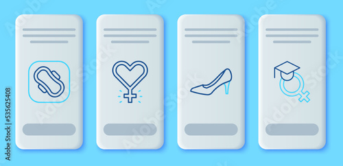 Set line Feminism, Woman shoe, Sanitary napkin and Teacher icon. Vector