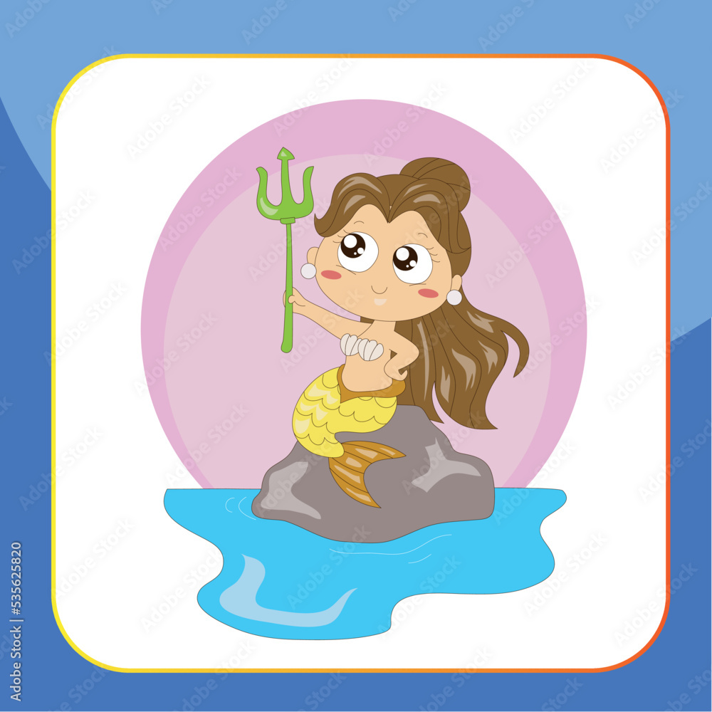Cute mermaid in many styles flashcard for children. A fantasy character flashcard