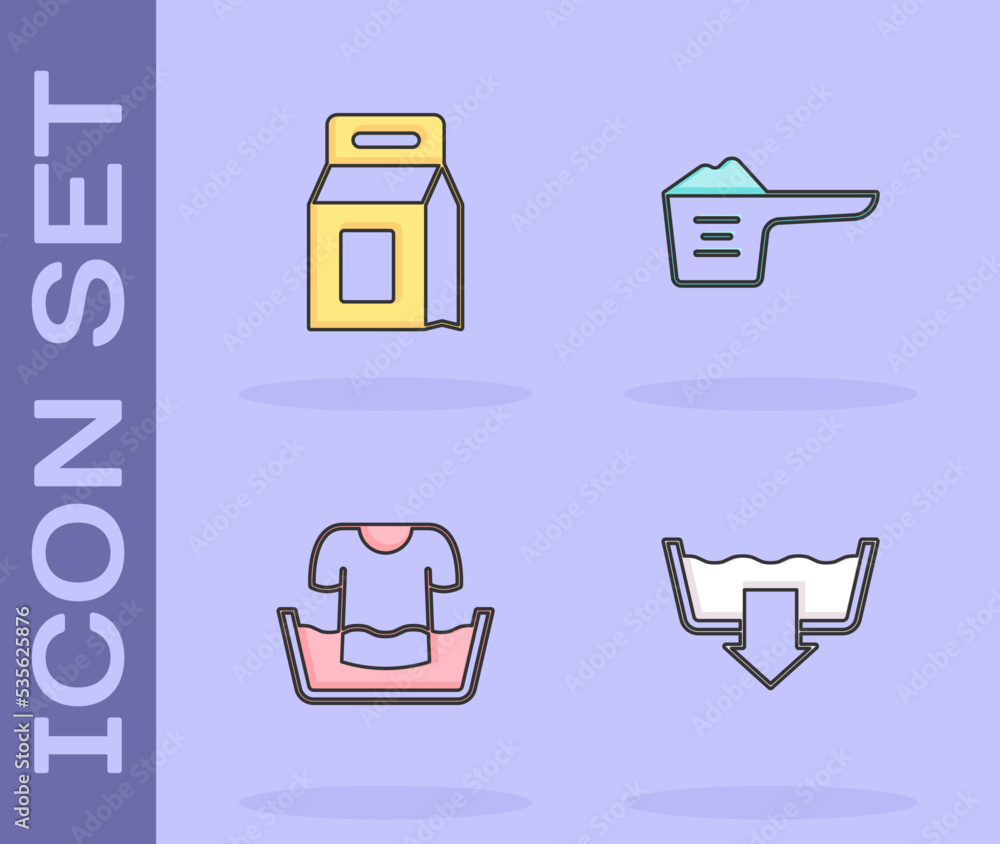 Set Washing modes, Laundry detergent, Basin with shirt and powder icon. Vector Set Washing modes, Laundry detergent, Basin with shirt and powder icon. Vector