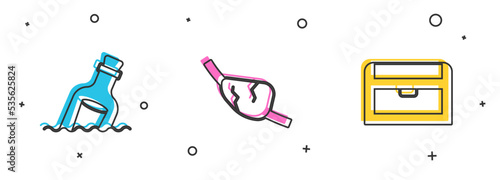 Set Bottle with message in water, Pirate eye patch and Antique treasure chest icon. Vector