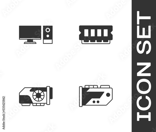 Set Video graphic card, Computer monitor, and RAM, random access memory icon. Vector