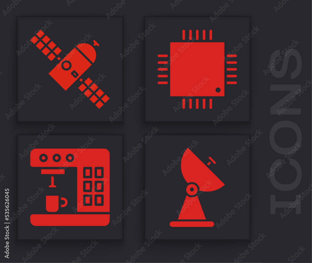 Set Radar, Satellite, Processor with microcircuits CPU and Coffee ...