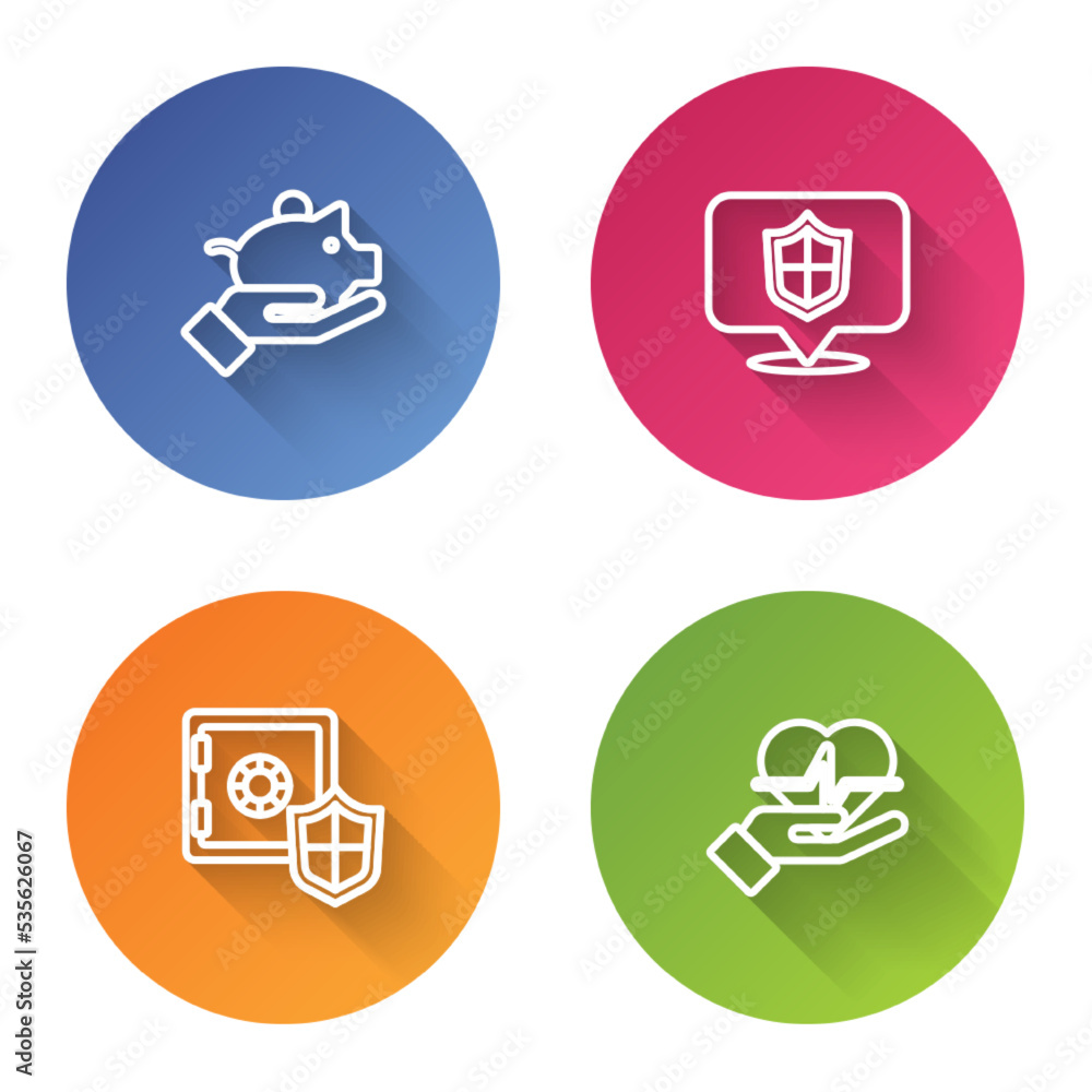 Obraz premium Set line Piggy bank in hand, Location shield, Safe with and Life insurance. Color circle button. Vector