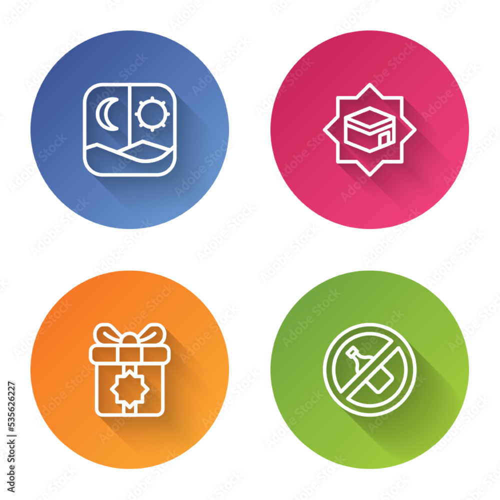 Set line Ramadan fasting, Kaaba mosque, Gift box and No alcohol. Color circle button. Vector Set line Ramadan fasting, Kaaba mosque, Gift box and No alcohol. Color circle button. Vector