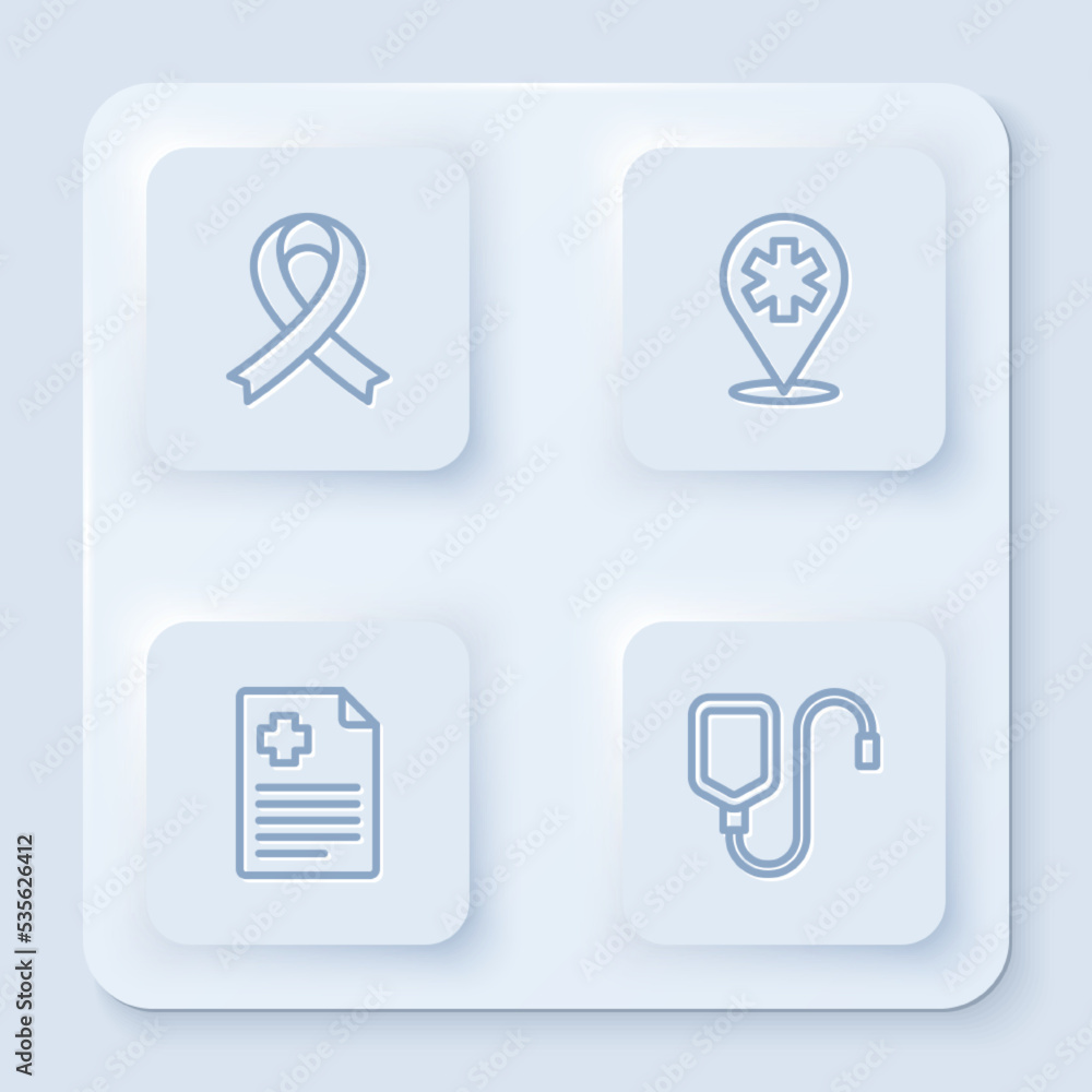 Set line Awareness ribbon, Location hospital, Patient record and IV bag. White square button. Vector Set line Awareness ribbon, Location hospital, Patient record and IV bag. White square button. Vector
