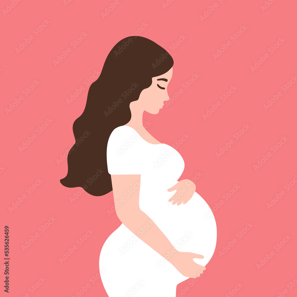 Pretty Pregnant woman love her belly - Happy pregnancy - Flat vector cartoon Pretty Pregnant woman love her belly - Happy pregnancy - Flat vector cartoon
