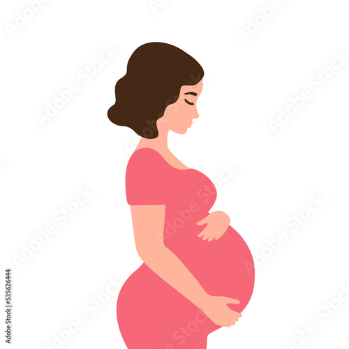 Pretty Pregnant woman love her belly - Happy pregnancy - Flat vector cartoon